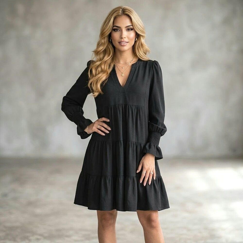 Pomander Place Tuckernuck Black Kenzo Tiered Mini Dress Smocked Cuff XS Y20393T